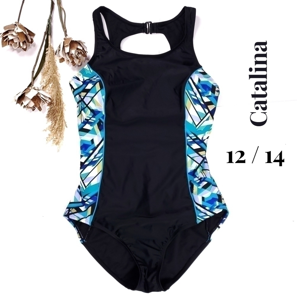 NEW Catalina Black Multicolored 1 Pc Swimsuit Size  12 / 14